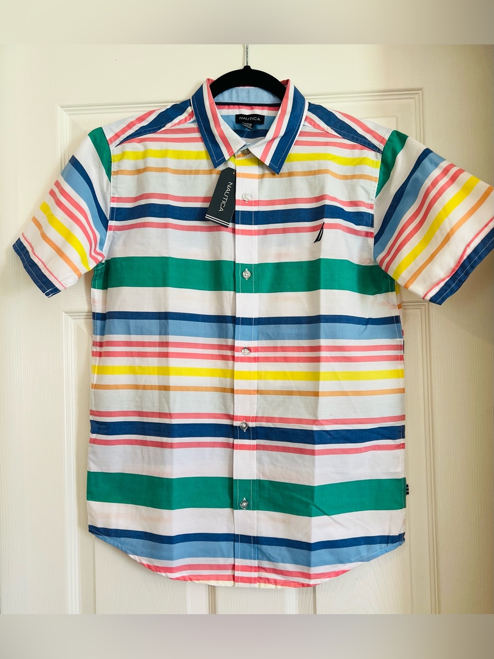 Nautica Boys Multicolor Striped Short Sleeve Button-Down Shirt, Size L, NWT